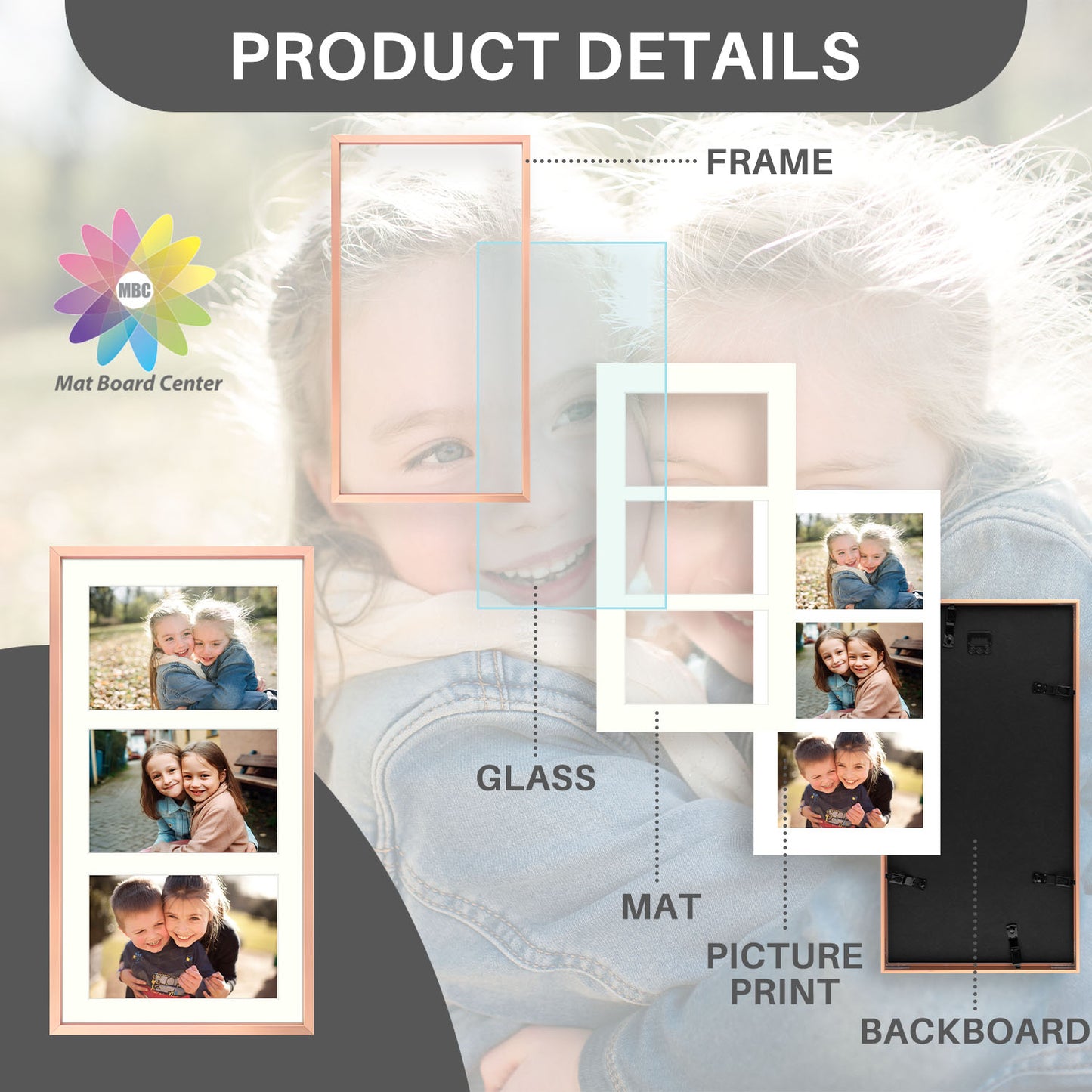 8.5x16.3 Aluminum Collage Picture Frame for Three 5x7 Photos