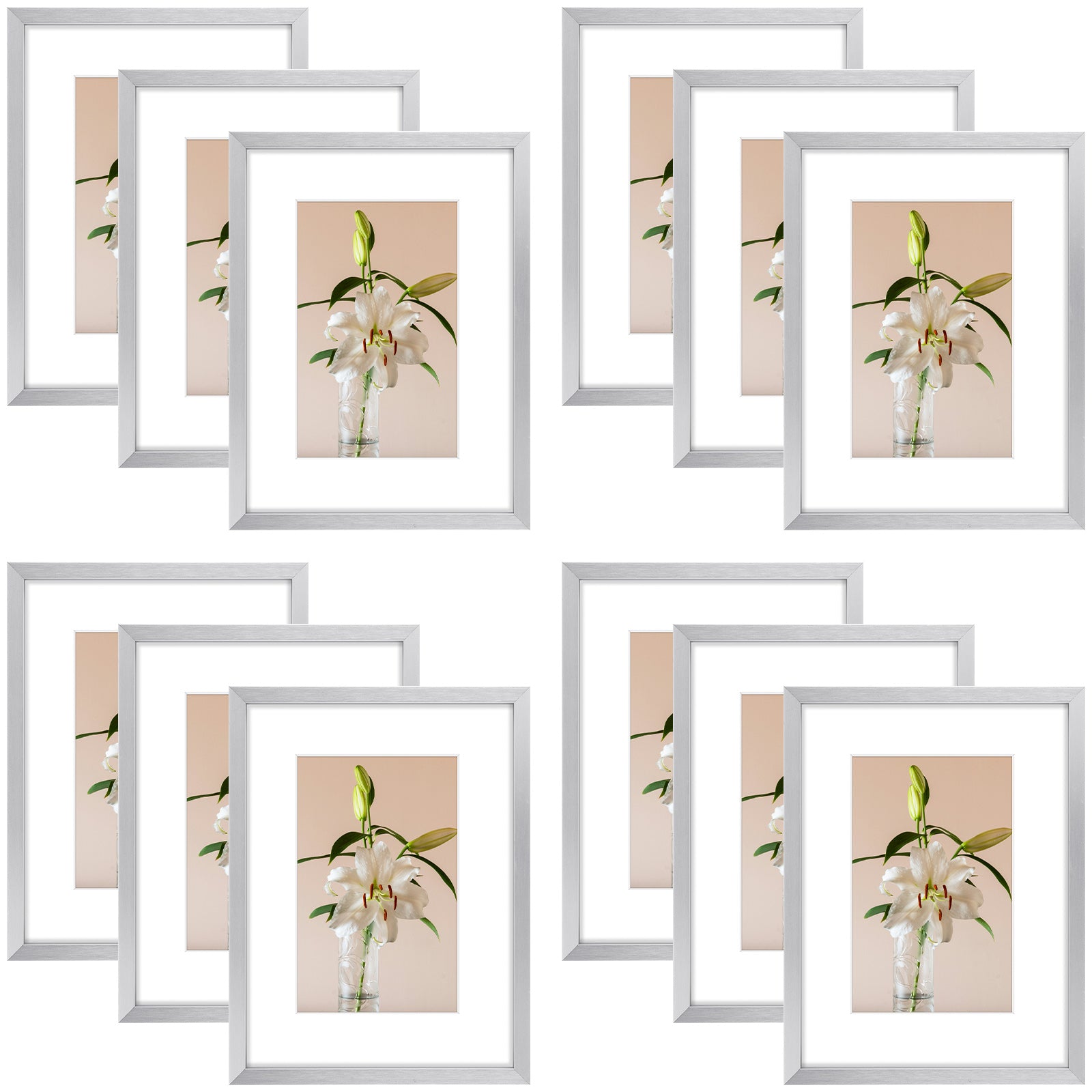 Clearance 6x8 Aluminum Picture Frame Displays 4x6 Photos with White Mat and Real Glass (12 Pcs Per Box) Silver