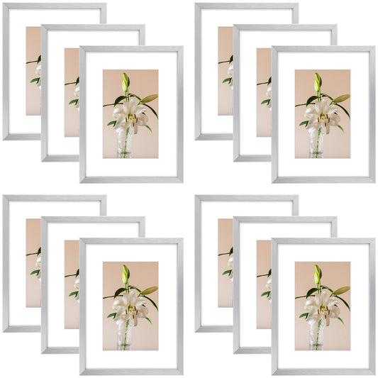 Clearance 6x8 Aluminum Picture Frame Displays 4x6 Photos with White Mat and Real Glass (12 Pcs Per Box) Silver