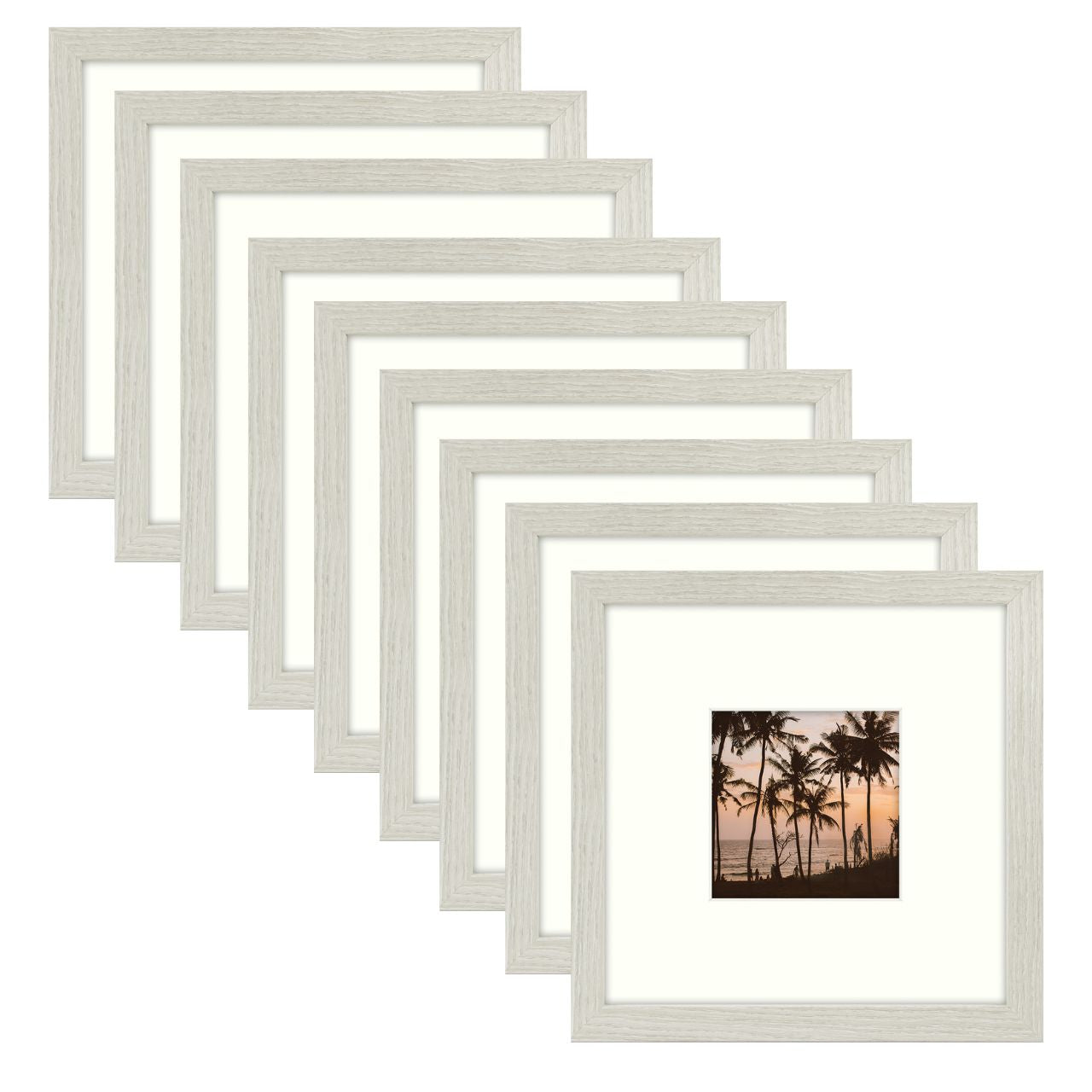 Pack of 9, 8x8 Picture Frames for 4x4 Photo with Ivory Mat and Real Glass White