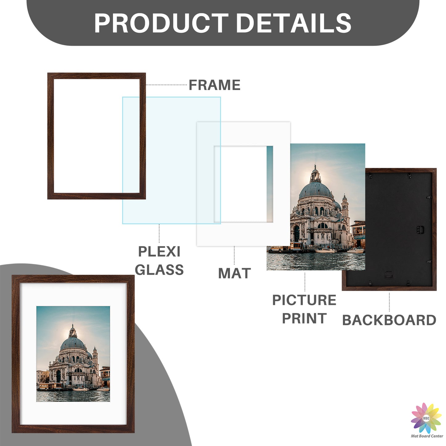 12x16 Picture Frame for 8.5x11 Photo with White Mat and Plexiglass (8 Pcs Per Box)