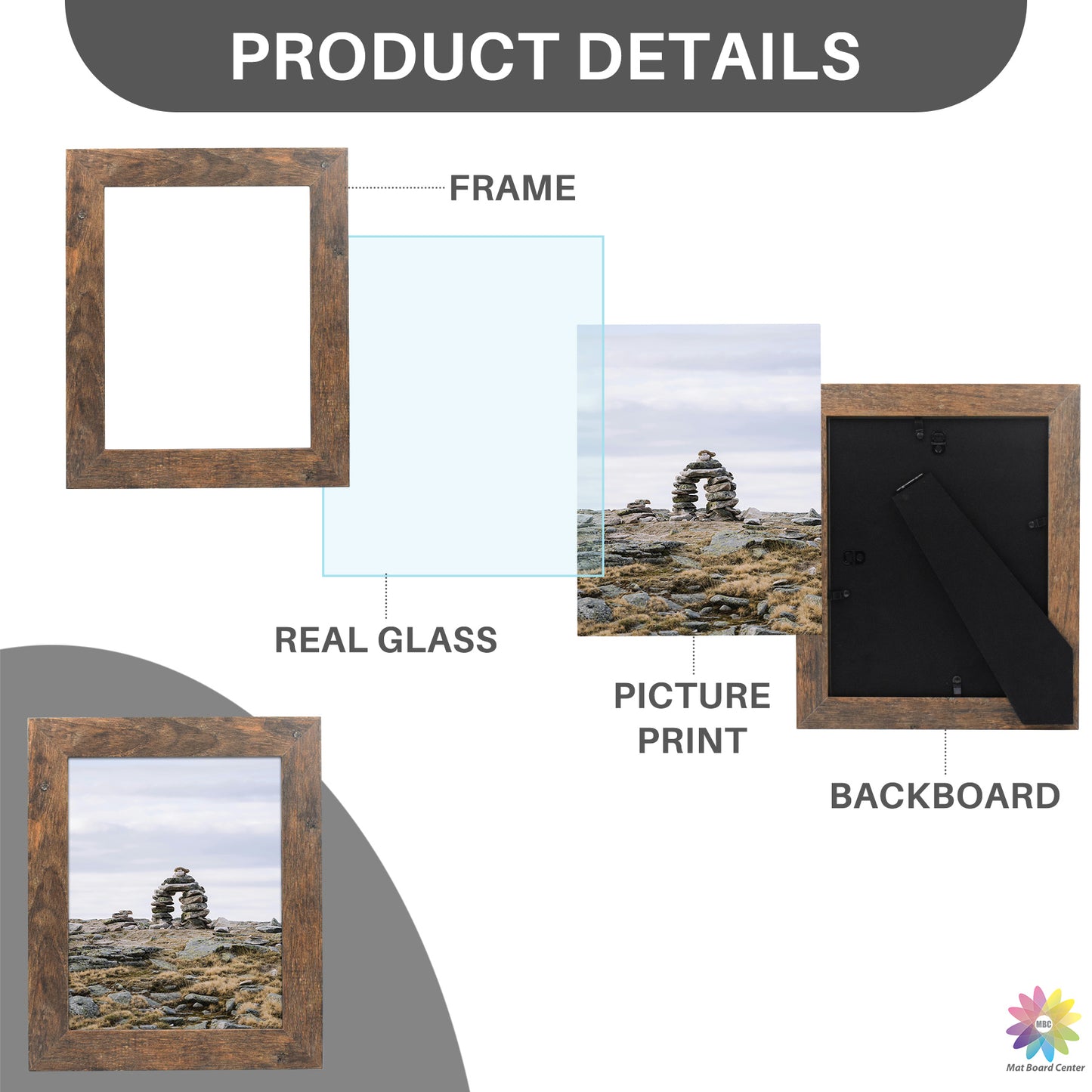 Clearance 8x10 Picture Frame with Real Glass Retro Brown and Distressed White (16 Pcs Per Box)