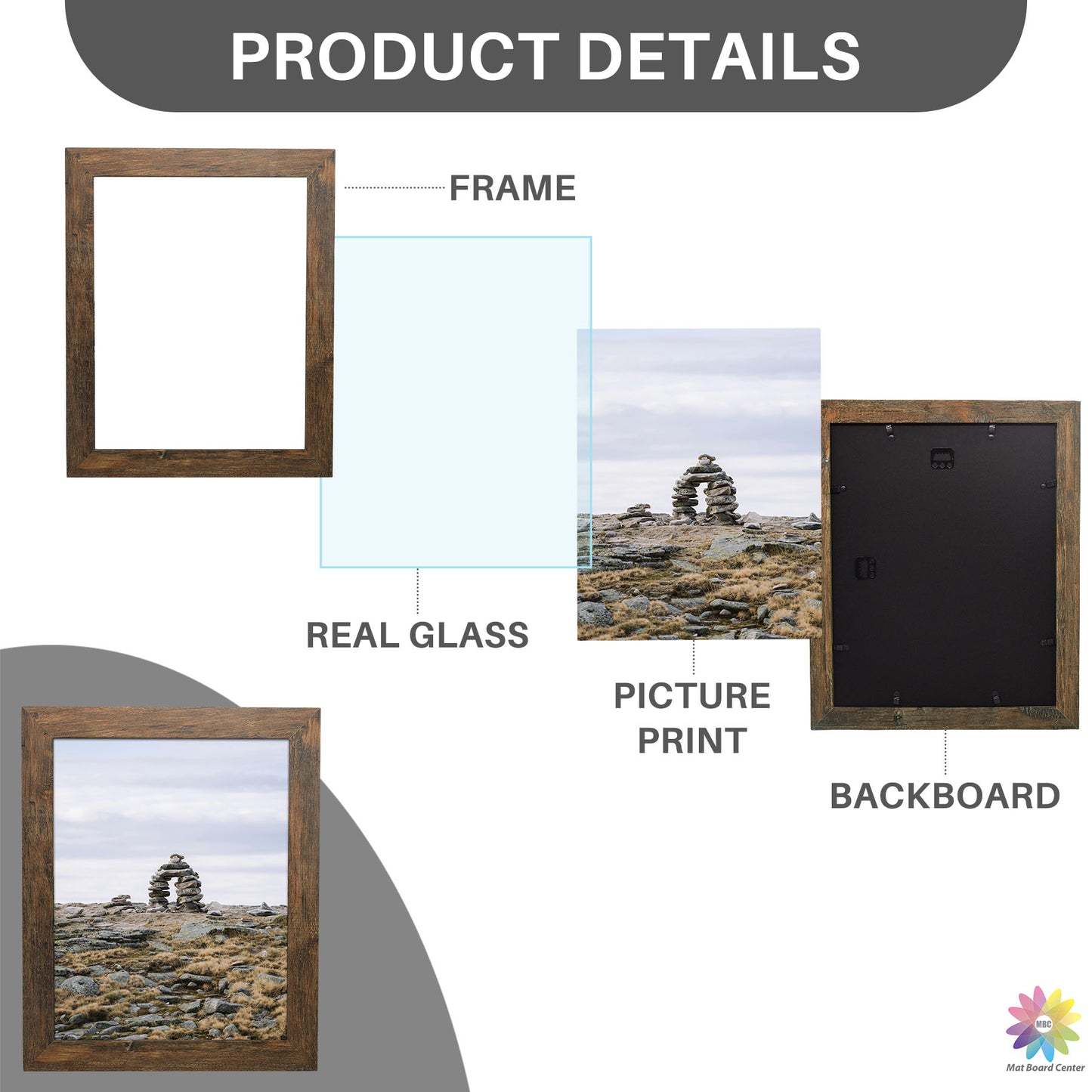 Clearance 11x14 Picture Frame with Real Glass Retro Brown and Distressed White (10 Pcs Per Box)