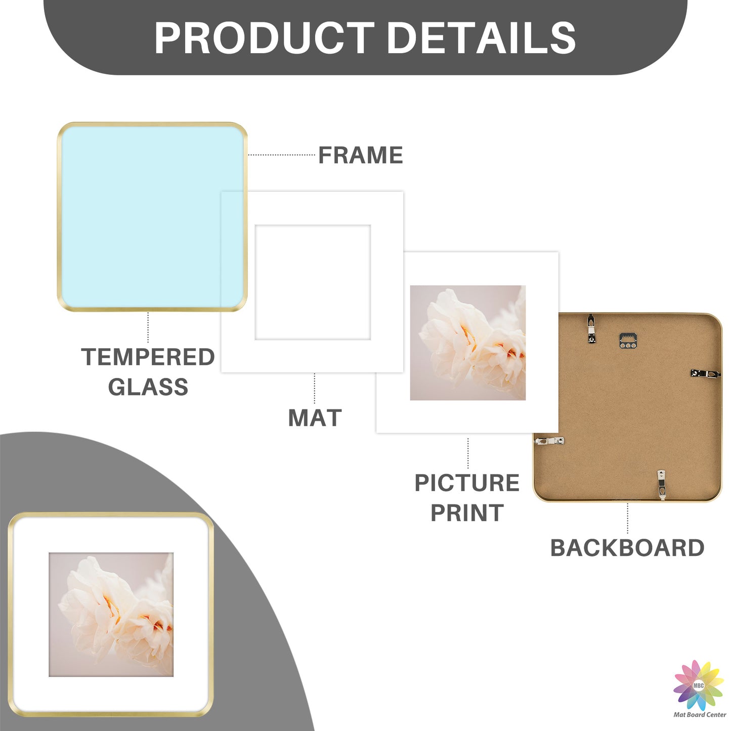 12x12 Round Corner Aluminum Picture Frame with White Mat for 8x8 Picture(6 Pcs Per Box)
