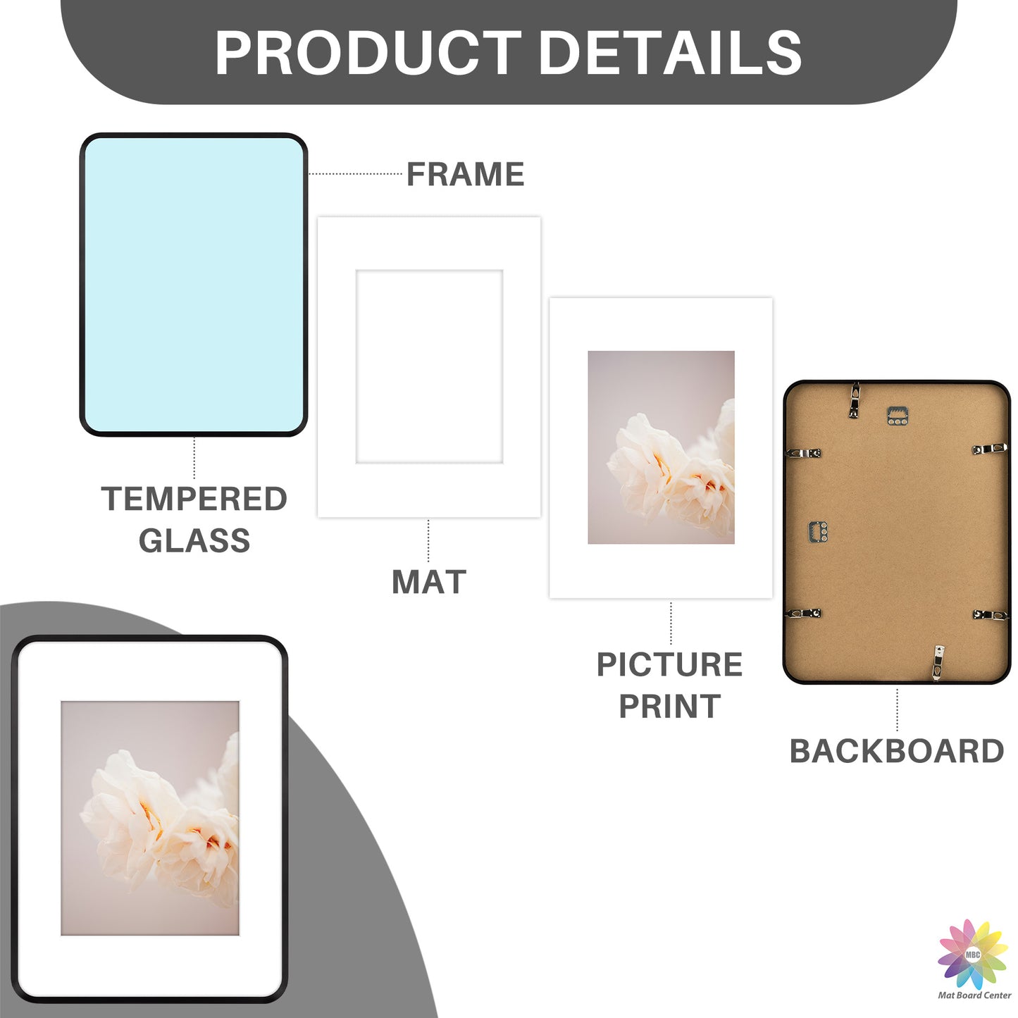 12x16 Round Corner Aluminum Picture Frame with White Mat for 8.5x11 Picture(6 Pcs Per Box)