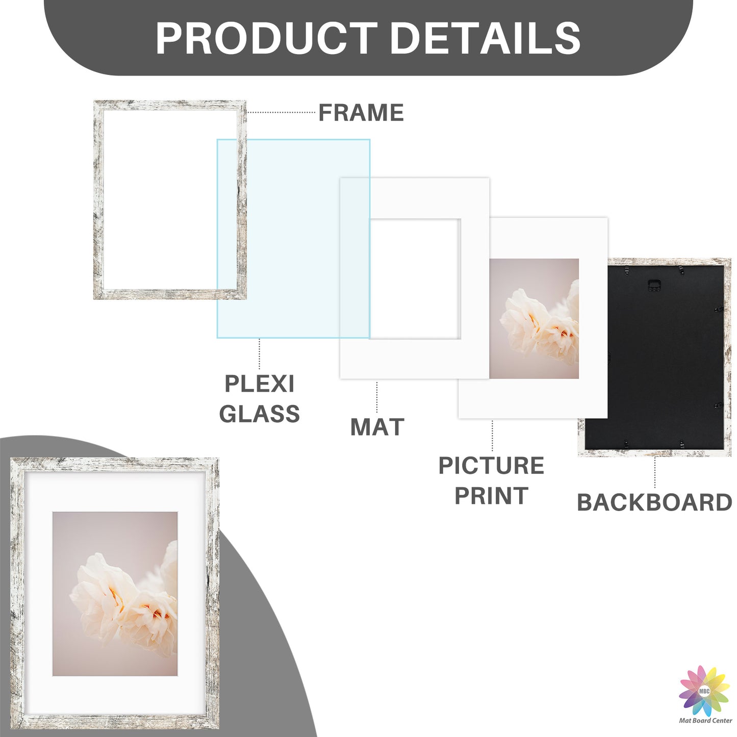 12x16 Picture Frame for 8.5x11 Photo with White mat and Plexiglass (8 Pcs Per Box)