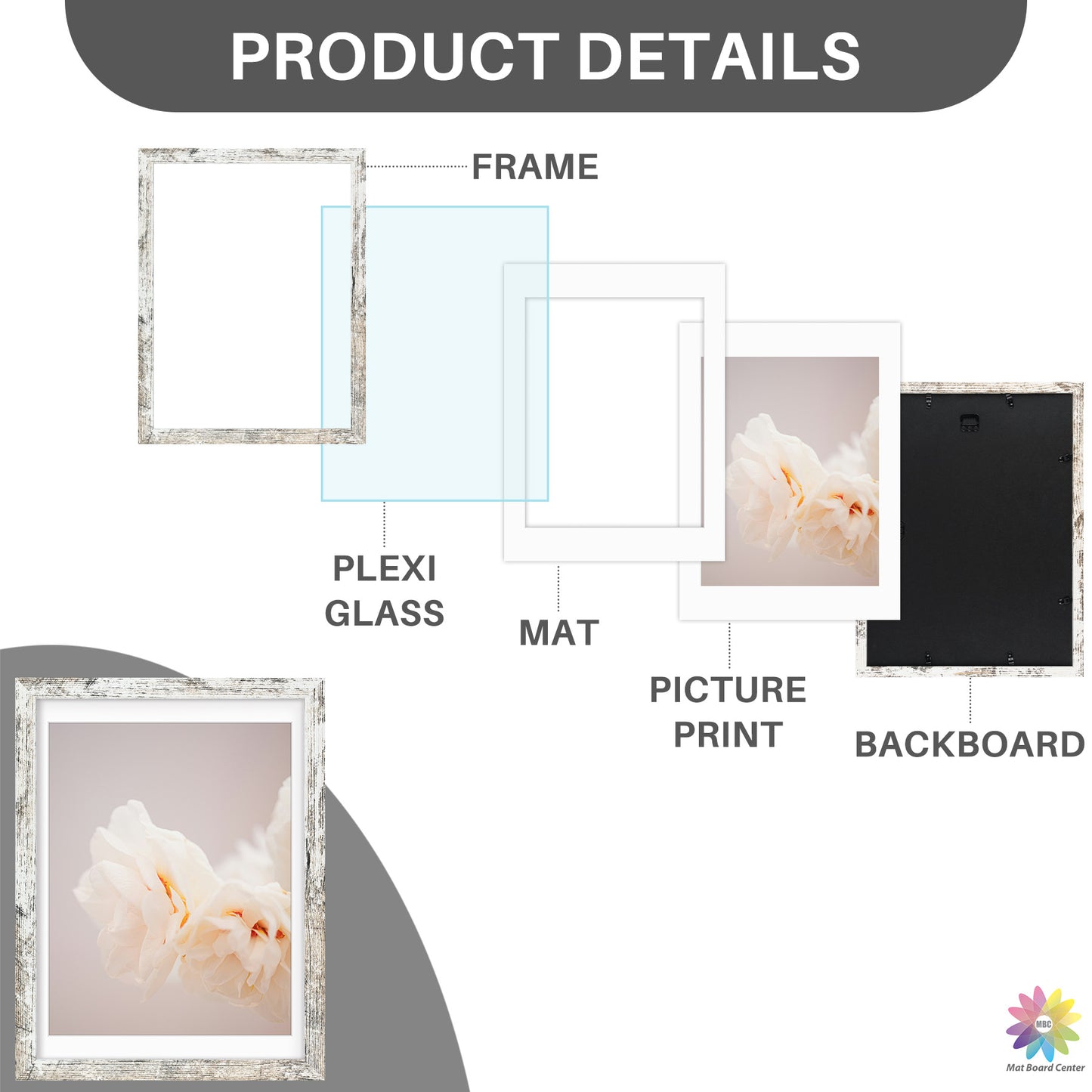 12x16 Picture Frame for 11x14 Photo with White mat and Plexiglass (8 Pcs Per Box)