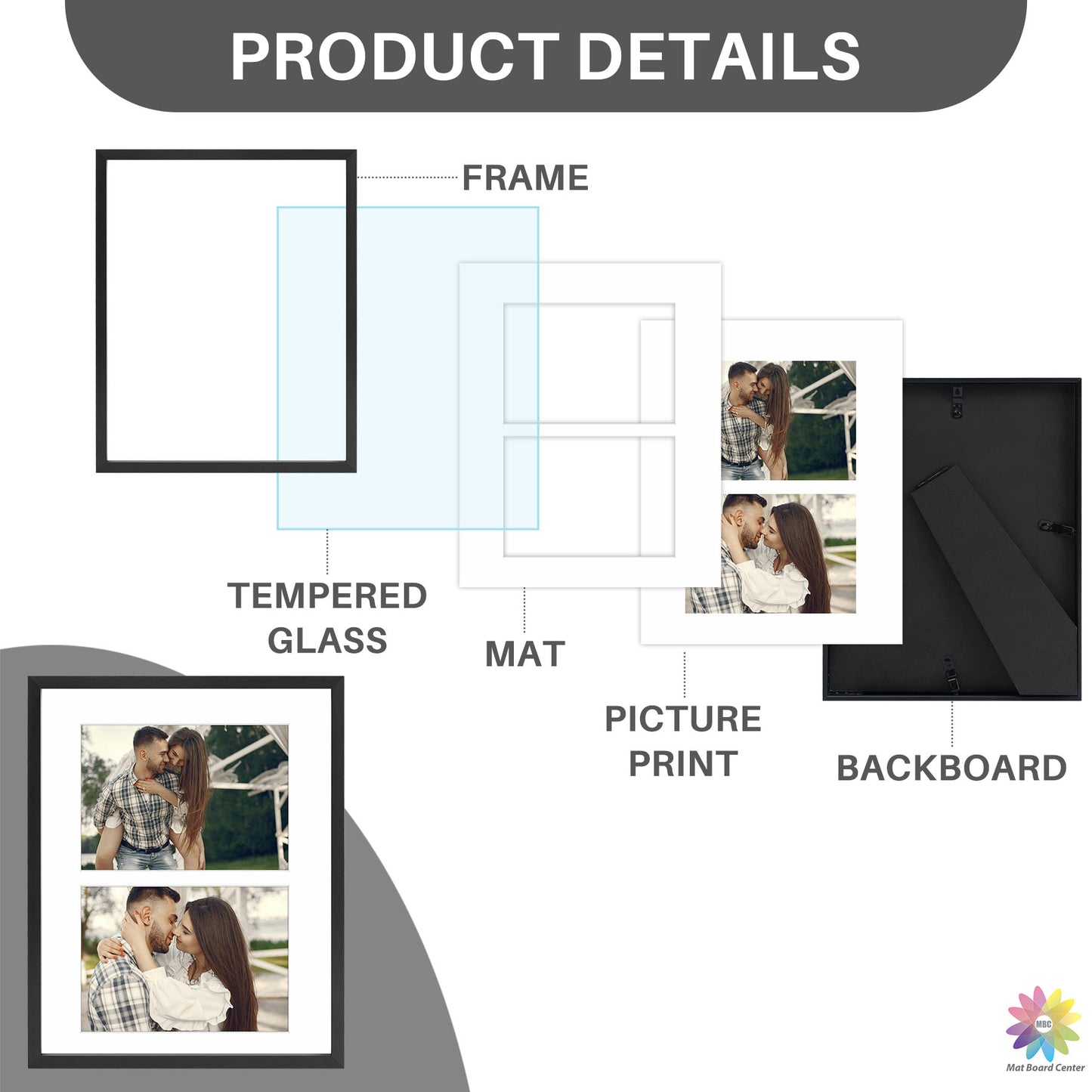 8x10 Collage Picture Frame With White Mat Display Two 4X6 Photo Black (12 Pcs Per Box)