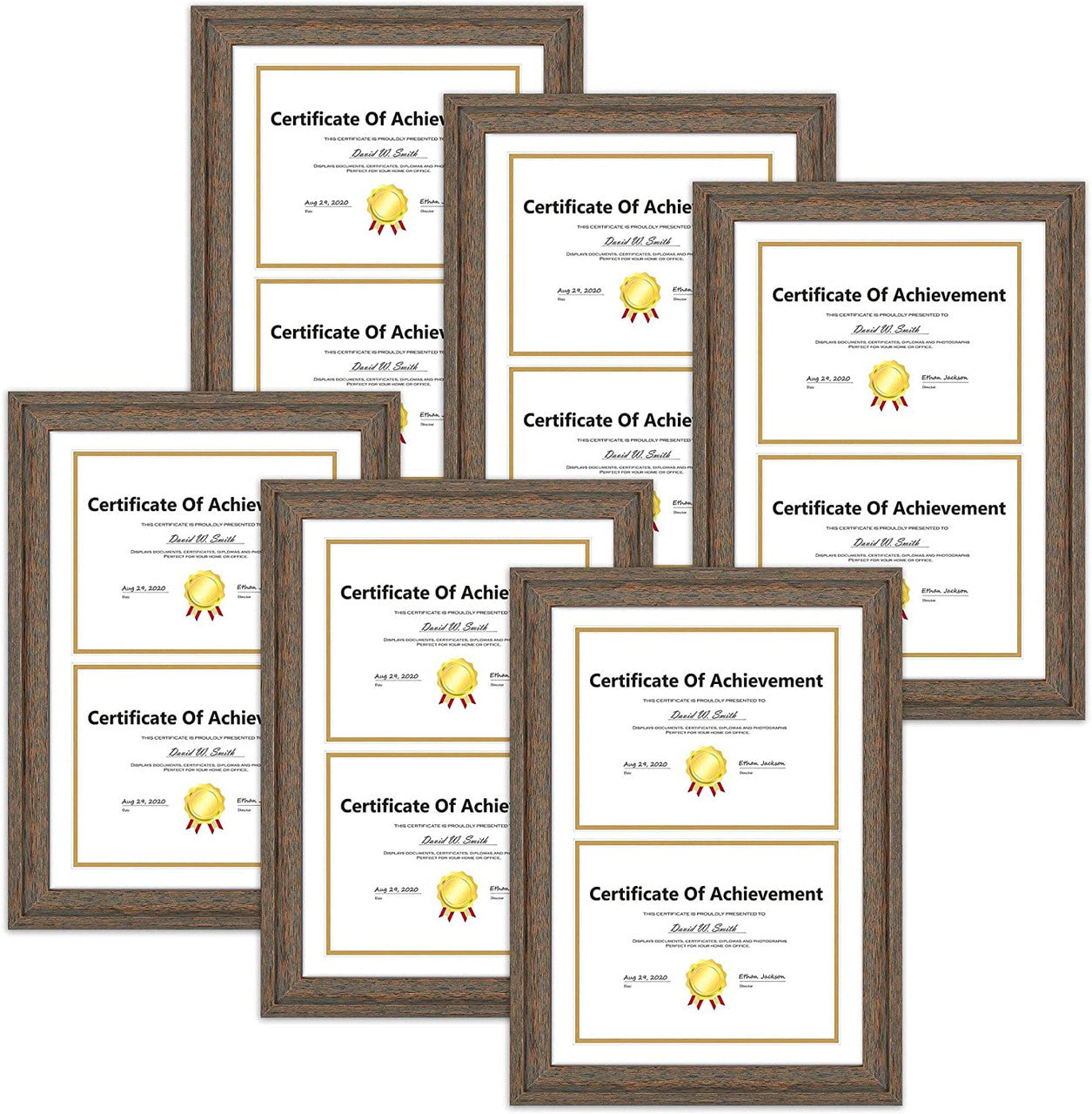 14X20 Double Diploma Frames, Wood Frames Display 8.5X11 Document/Certificate With Double Mat (6 Pcs per Box) Brown White over Gold