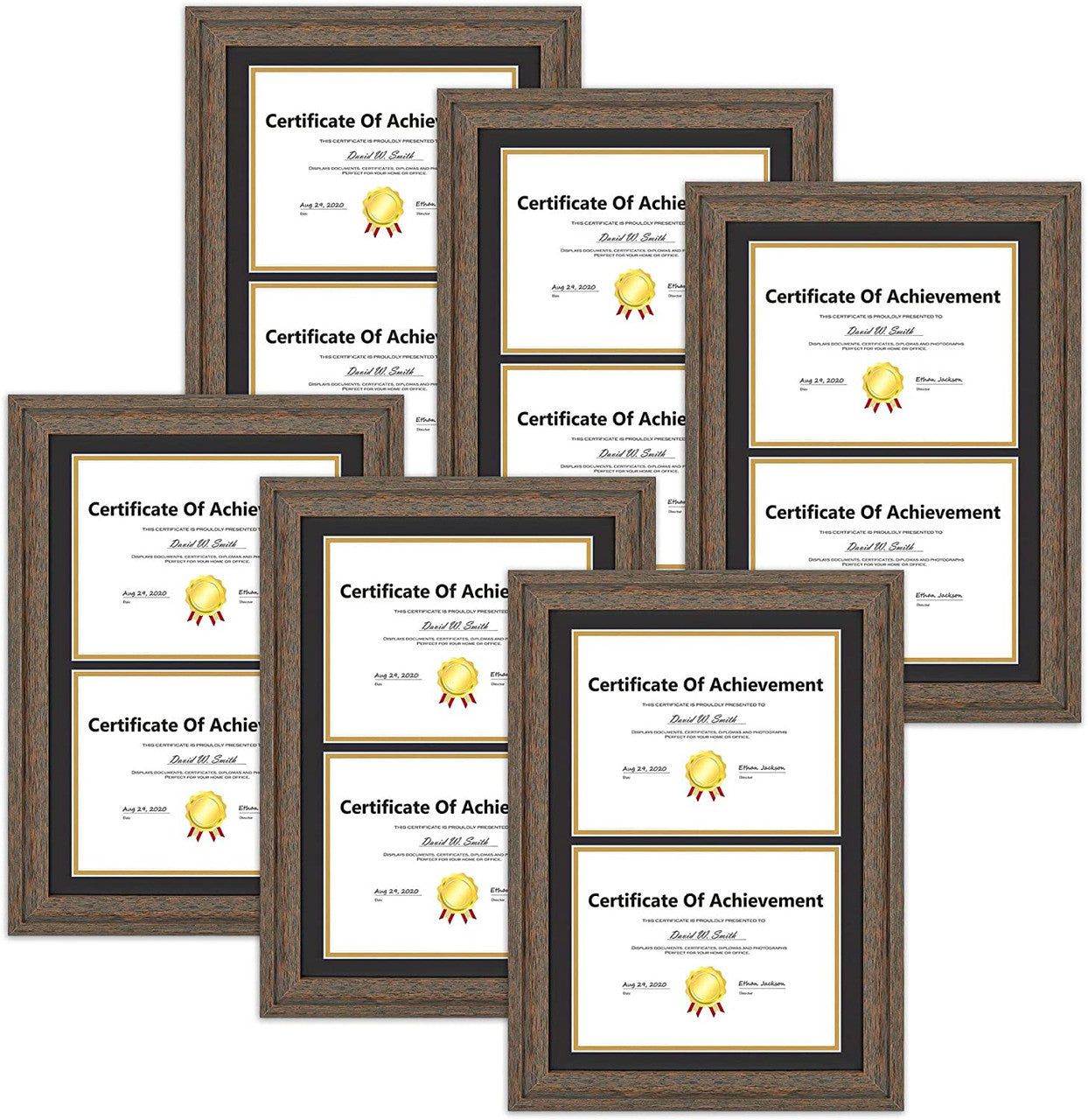 14X20 Double Diploma Frames, Wood Frames Display 8.5X11 Document/Certificate With Double Mat (6 Pcs per Box) Brown Black over Gold