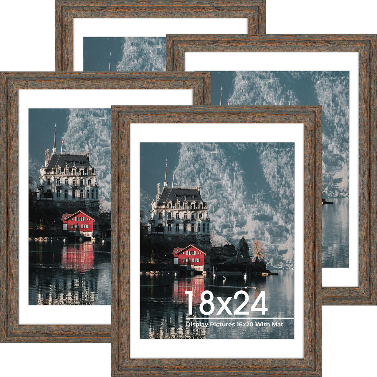 18x24 Poster Frames, Wood Frames Display 16x20 Picture With White Mat (4 Pcs per Box) Distressed brown