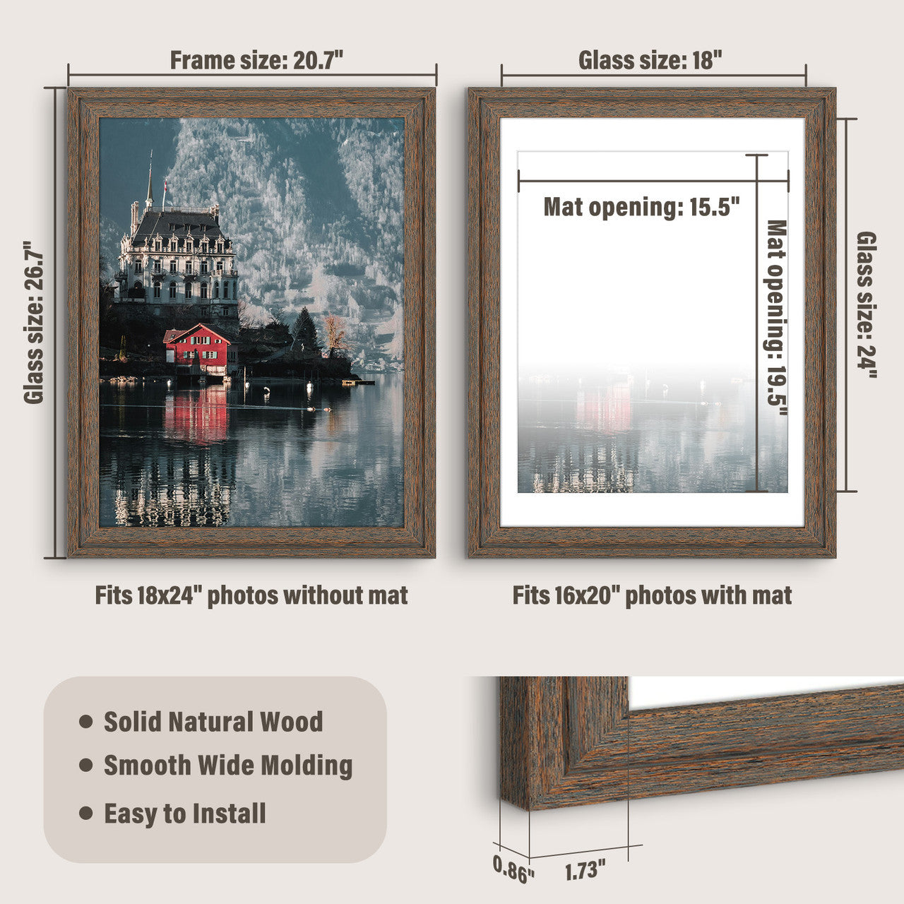 18x24 Poster Frames, Wood Frames Display 16x20 Picture With White Mat (4 Pcs per Box)