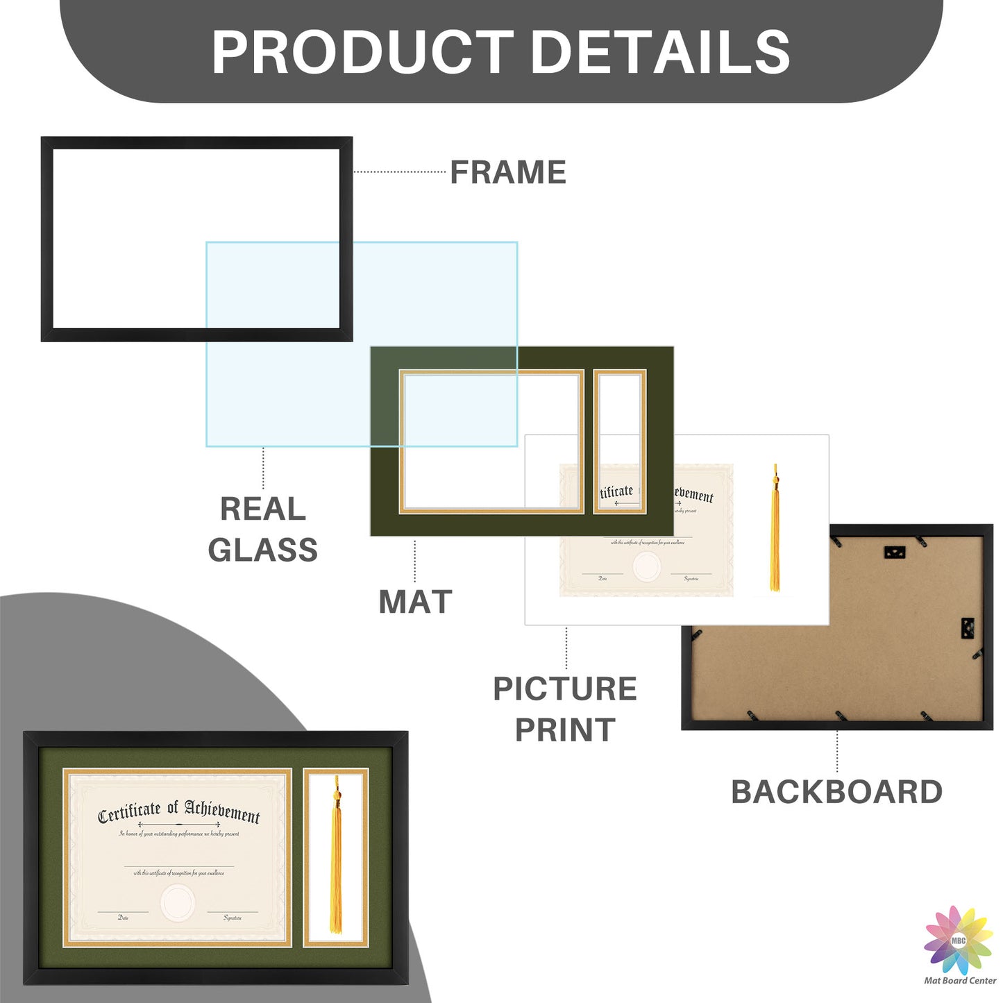 Clearance Diploma Tassel Shadow Box 11x17.5 Frame For 8.5x11 Document/Certificate with Double Mat and Real Glass Black (6 Pcs Per Box)