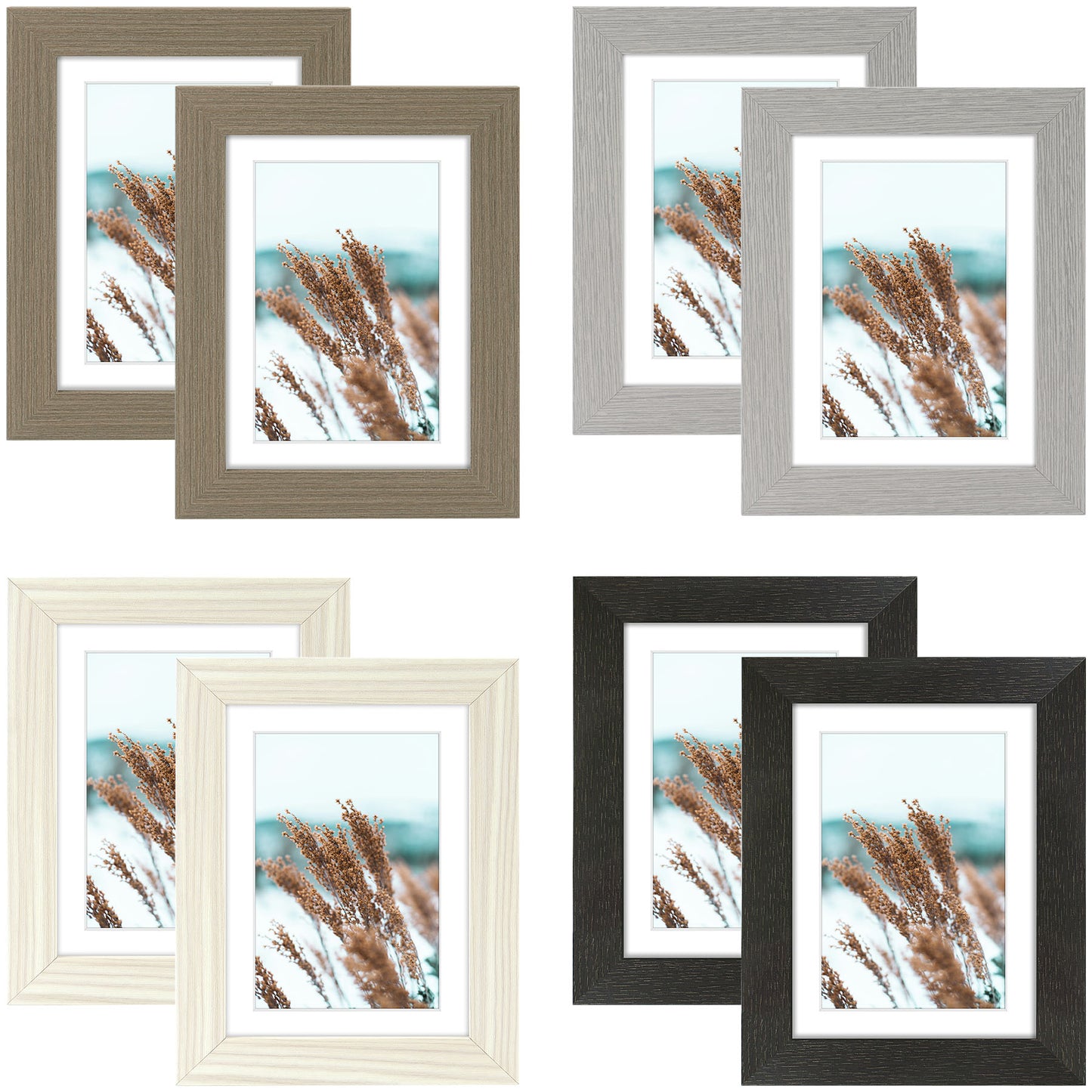 Clearance 5x7 Picture Frame for 4x6 Photo with White Mat and Plexiglass (8 Pcs Per Box) Mix 4 Colors (Black, Oak, Grey, Dark Oak)