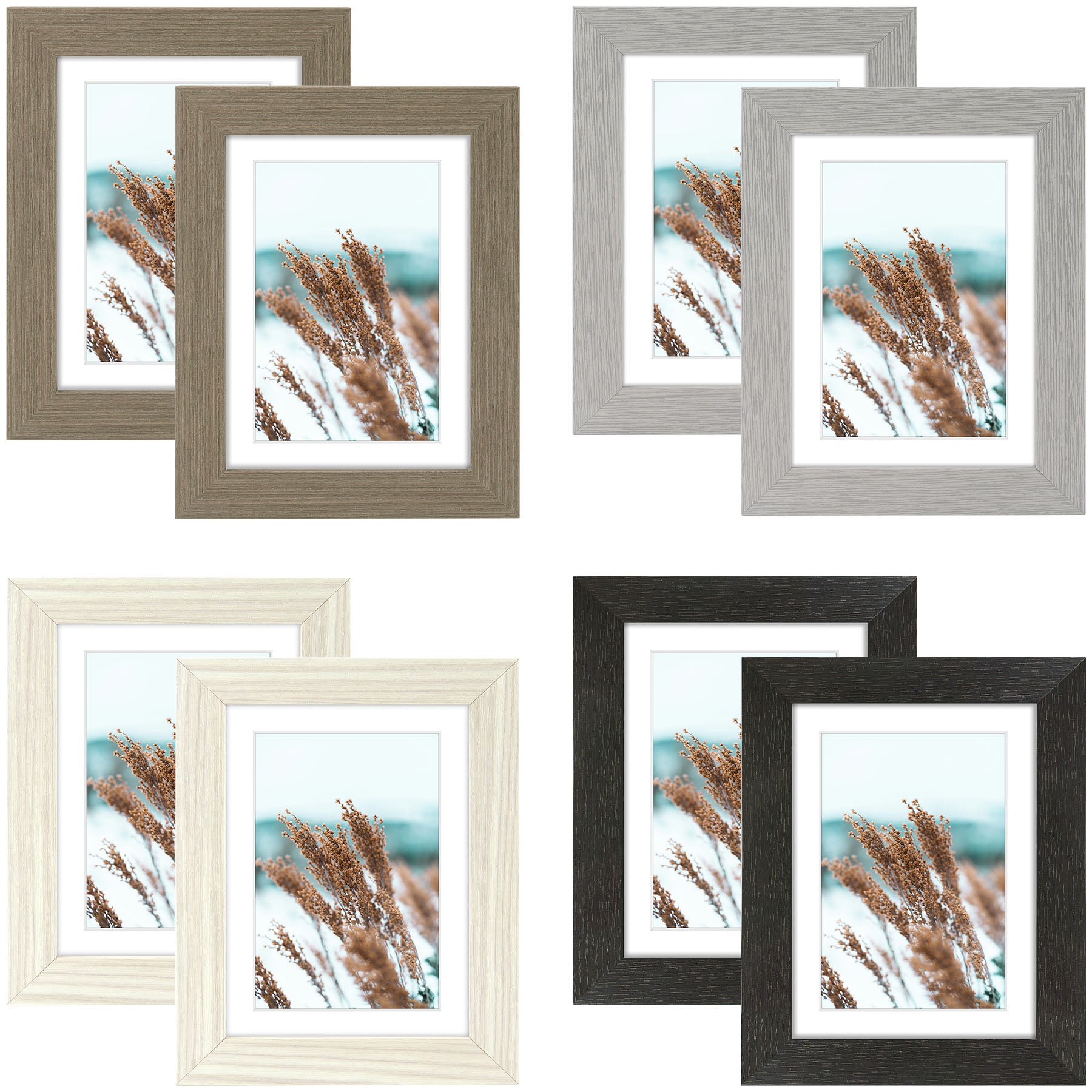 Clearance 5x7 Picture Frame for 4x6 Photo with White Mat and Plexiglass (8 Pcs Per Box) Mix 4 Colors (Black, Oak, Grey, Dark Oak)
