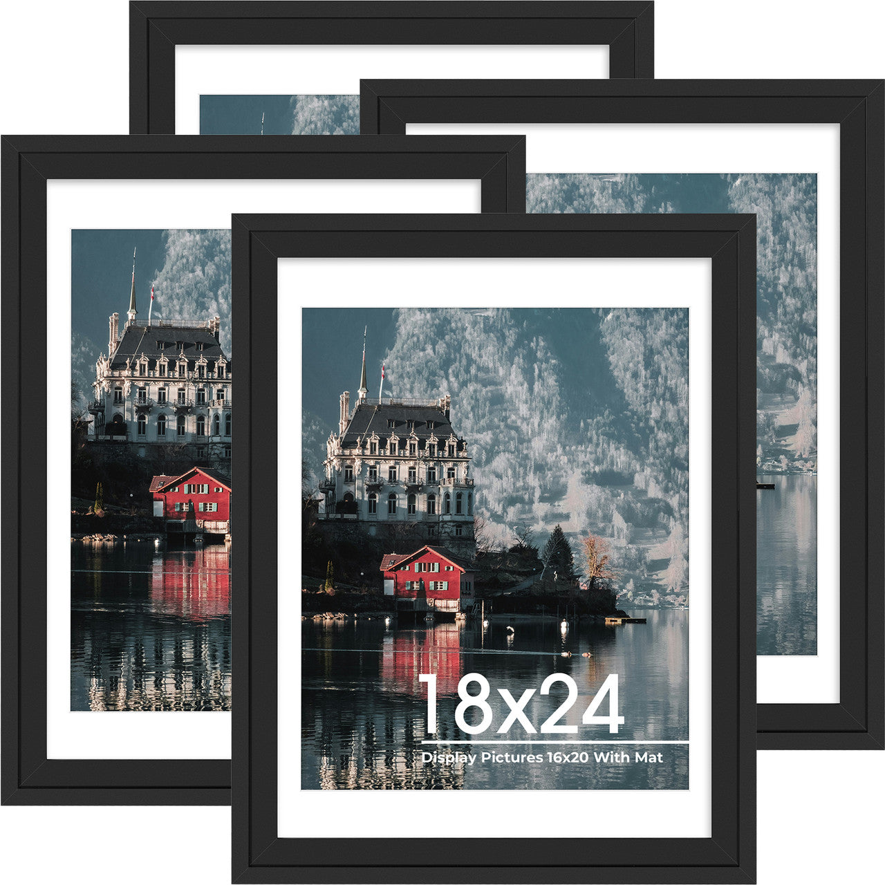 18x24 Poster Frames, Wood Frames Display 16x20 Picture With White Mat (4 Pcs per Box) Black