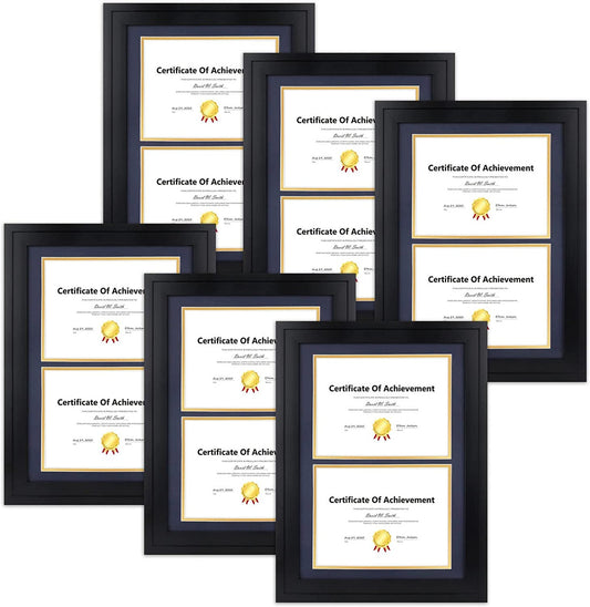 14X20 Double Diploma Frames, Wood Frames Display 8.5X11 Document/Certificate With Double Mat (6 Pcs per Box) Black Navy Blue over Gold