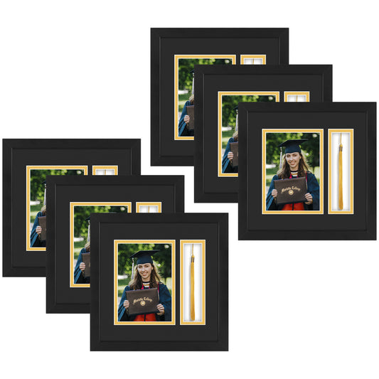 10X10 Diploma Frames for 5X7 Photo And Tassel Holder with Black Over Gold Double Mat and Tempered Glass (6 Pcs per Box)