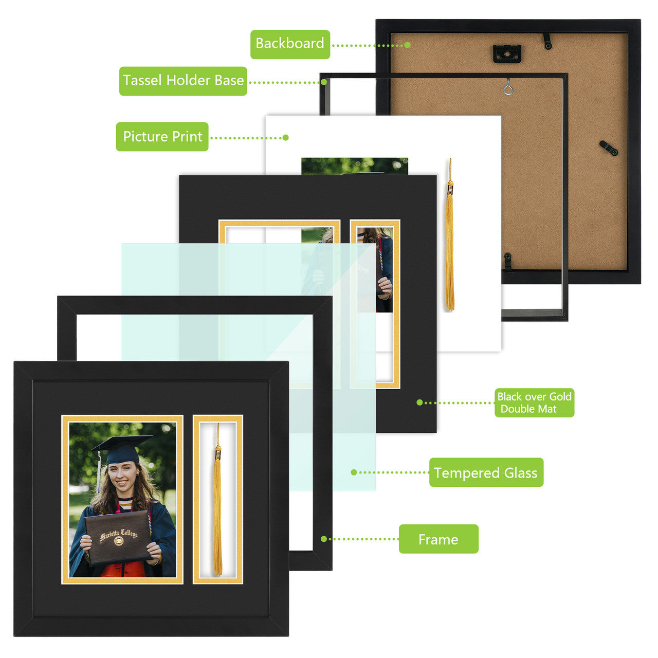 10X10 Diploma Frames for 5X7 Photo And Tassel Holder with Black Over Gold Double Mat and Tempered Glass (6 Pcs per Box)