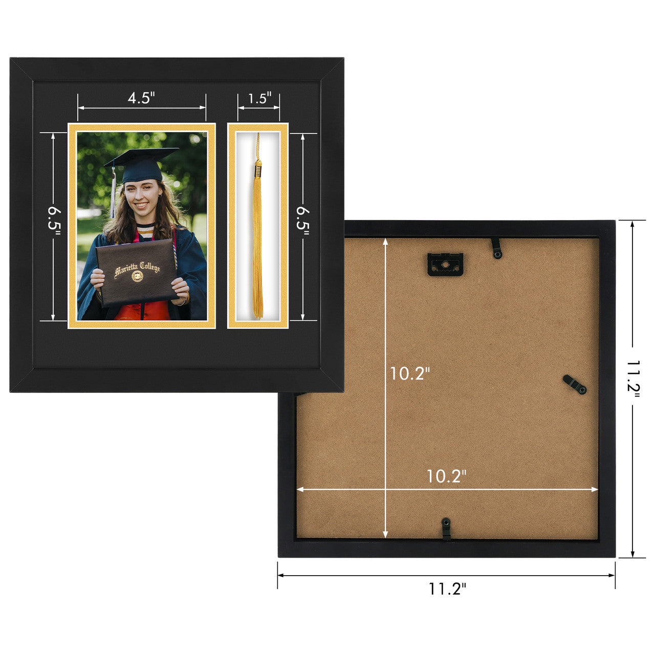 10X10 Diploma Frames for 5X7 Photo And Tassel Holder with Black Over Gold Double Mat and Tempered Glass (6 Pcs per Box)