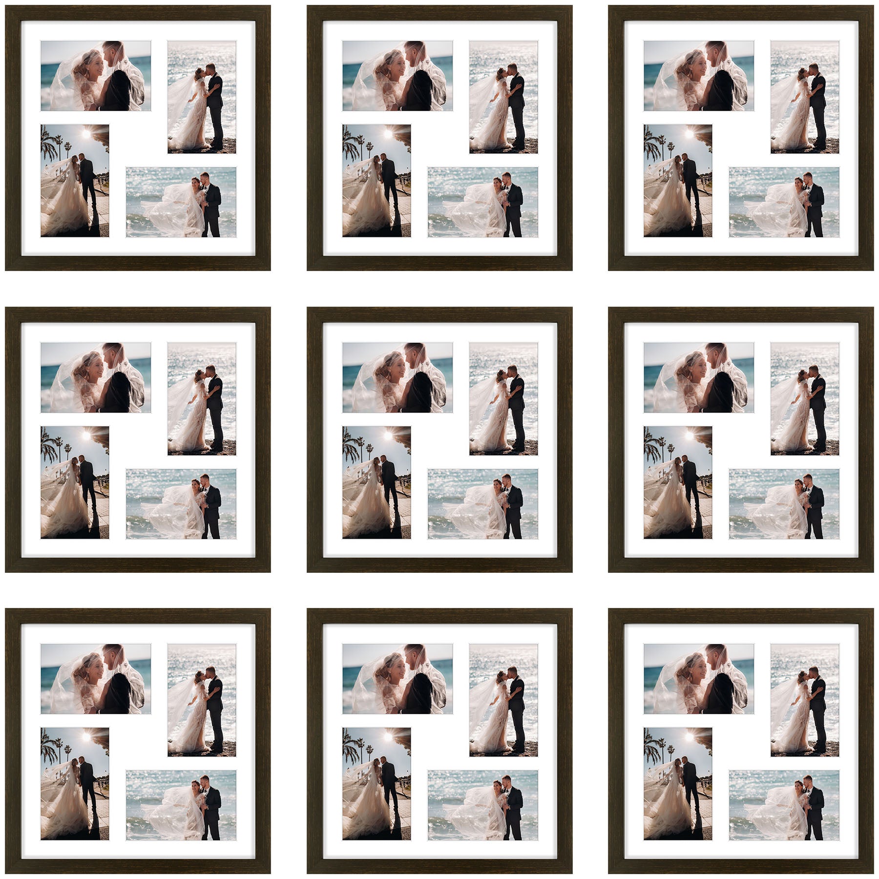 Clearance 12x12 Collage Picture Frame For Four 4x6 Pictures With White Mat and Real Glass Rustic Brown (9 Pcs Per Box)