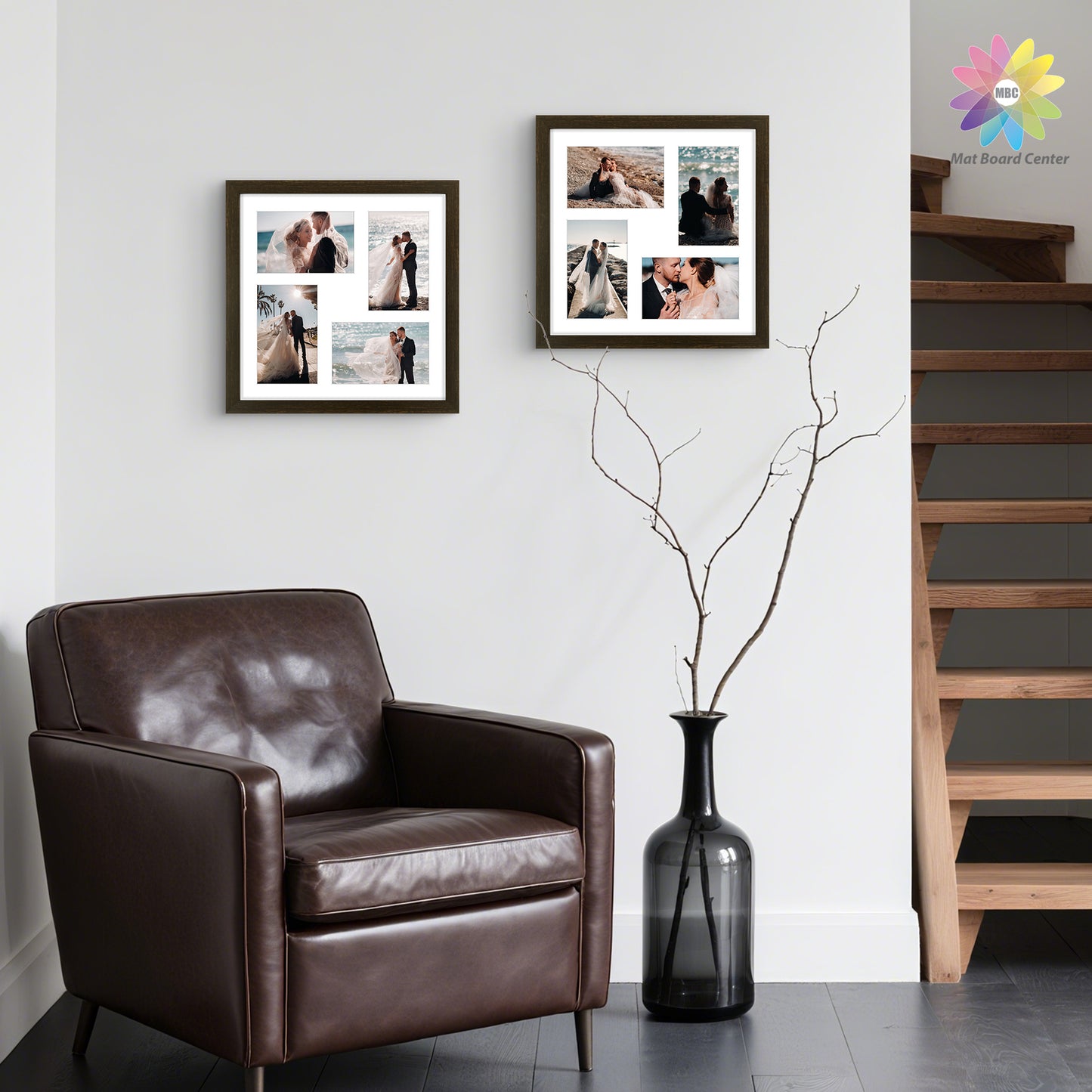 Clearance 12x12 Collage Picture Frame For Four 4x6 Pictures With White Mat and Real Glass Rustic Brown (9 Pcs Per Box)