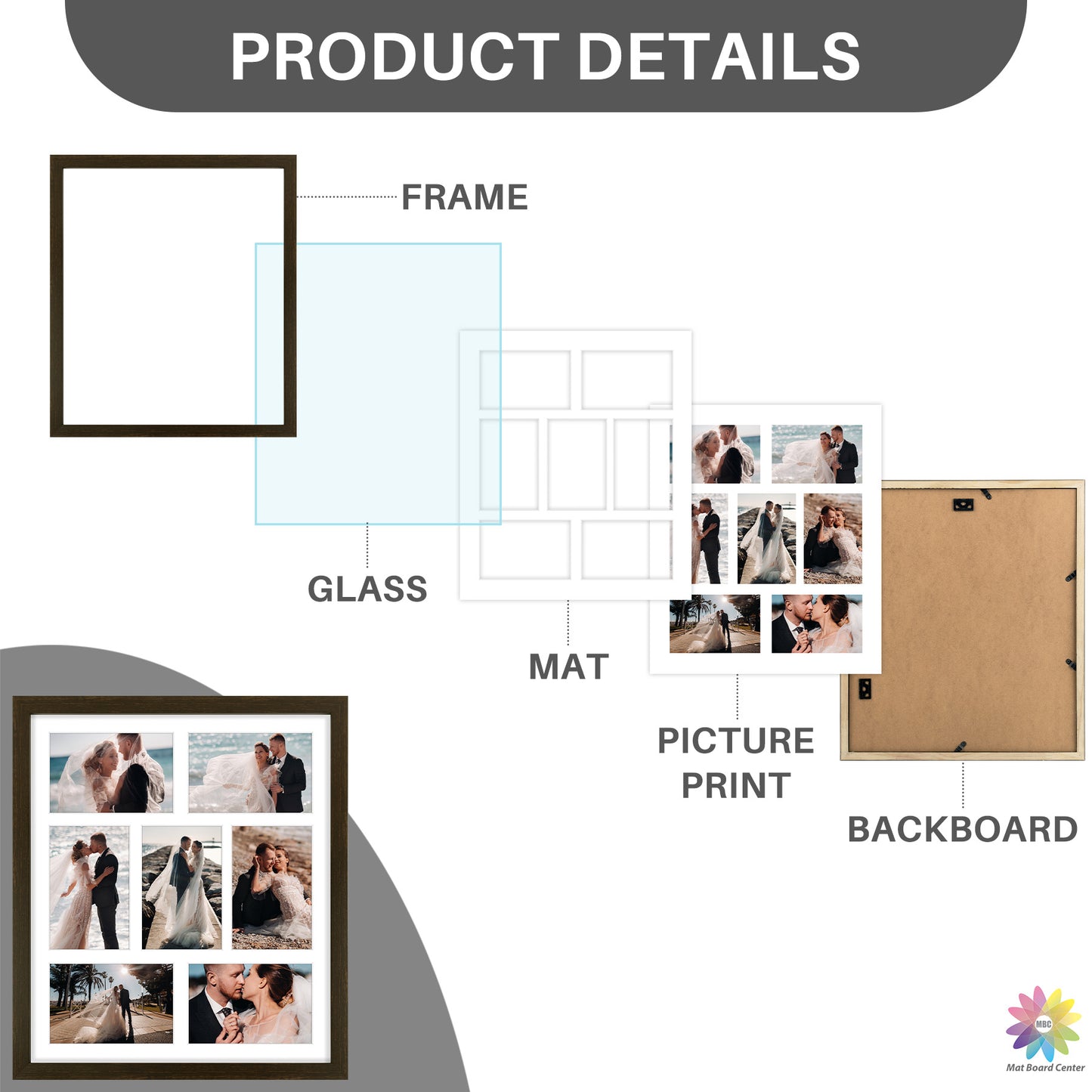 Clearance 13.7x15.7 Collage Photo Frame For Seven 4x6 Pictures With White Mat and Real Glass (10 Pcs Per Box)