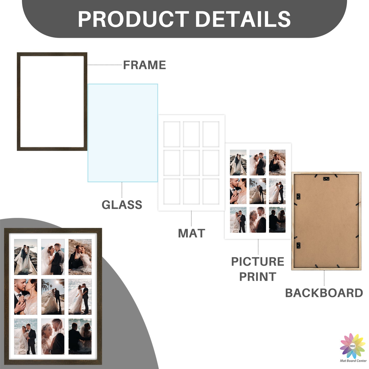 Clearance 13.6x19.7 Collage Photo Frame For Nine 4x6 Pictures With White Mat and Real Glass (8 Pcs Per Box)