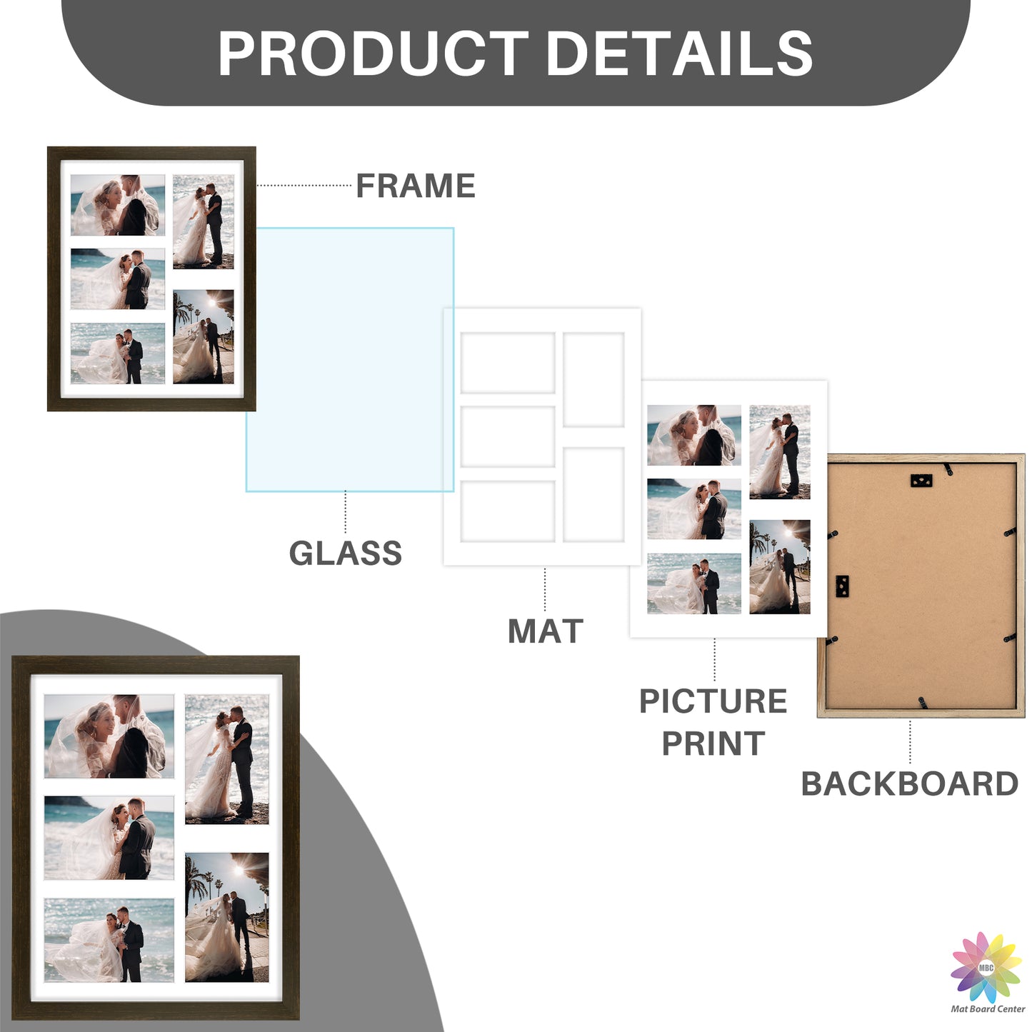 Clearance 11x14 Collage Picture Frame For Five 4x6 Pictures With White Mat and Real Glass Rustic Brown (10 Pcs Per Box)