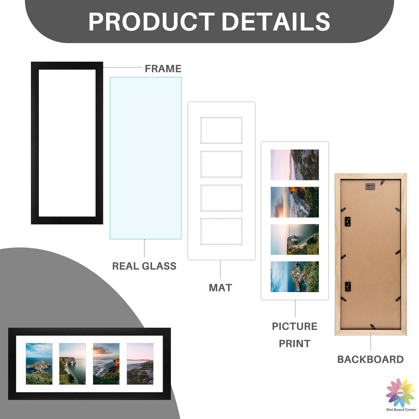 Clearance 8x20 Collage Picture Frame with White Mat Displays Four 4x6 Picture (9 Pcs Per Box)