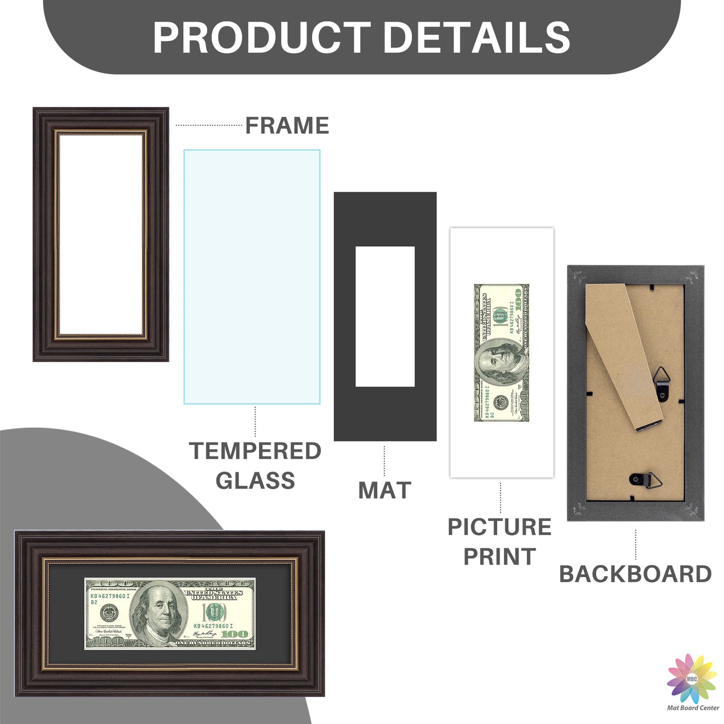 Dollar Bill Frame with Black Mat or Hold 4x9 Business License (10 Pcs Per Box)