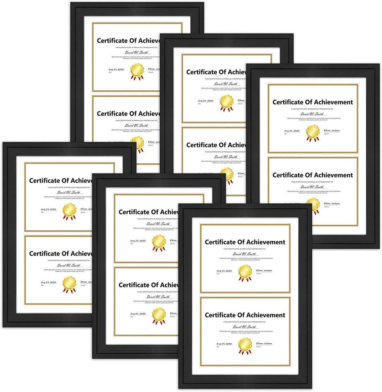 14X20 Double Diploma Frames, Wood Frames Display 8.5X11 Document/Certificate With Double Mat (6 Pcs per Box) Black White over Gold