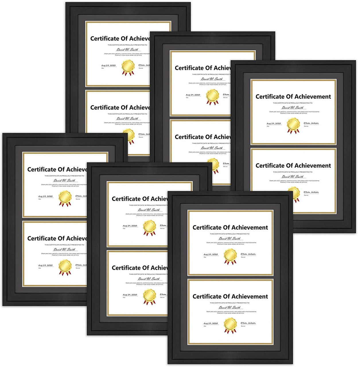 14X20 Double Diploma Frames, Wood Frames Display 8.5X11 Document/Certificate With Double Mat (6 Pcs per Box) Black Black over Gold