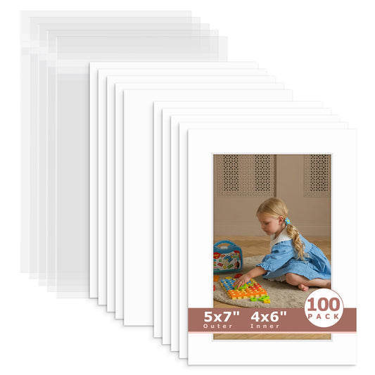 100 Pack 5x7 Whitecore Economy Pre-Cut Mat For 4x6 Picture + Backing + Bag N501 White
