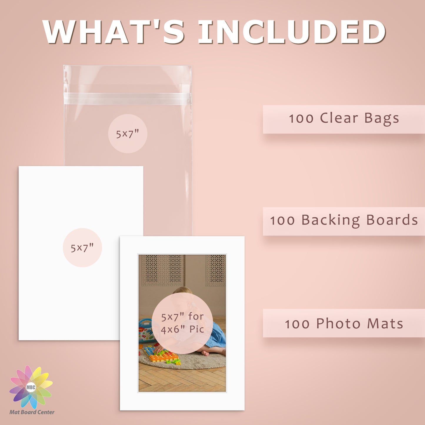 100 Pack 5x7 Whitecore Economy Pre-Cut Mat For 4x6 Picture + Backing + Bag