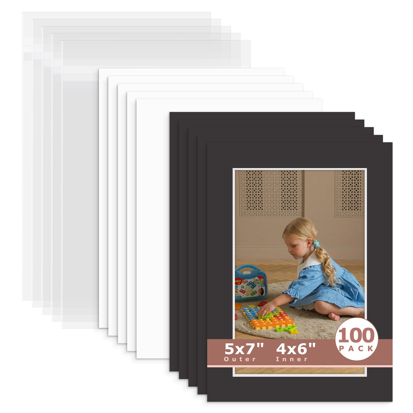 100 Pack 5x7 Whitecore Economy Pre-Cut Mat For 4x6 Picture + Backing + Bag N142 Tricom Black