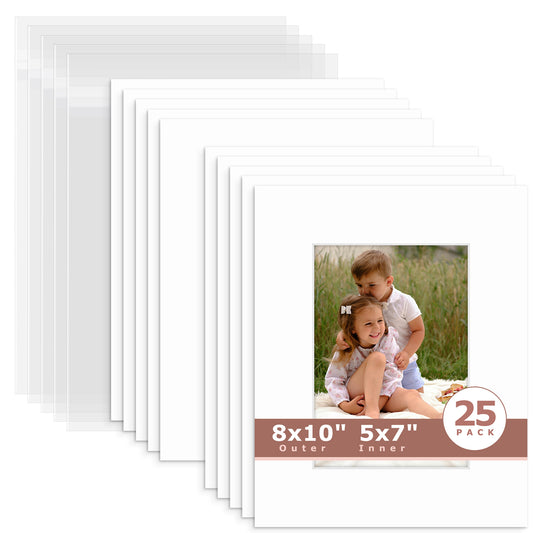 25 Pack 8x10 Whitecore Economy Pre-Cut Mat Board + Backing + Bag 5x7 (4.5x6.5 exact opening) N501 White