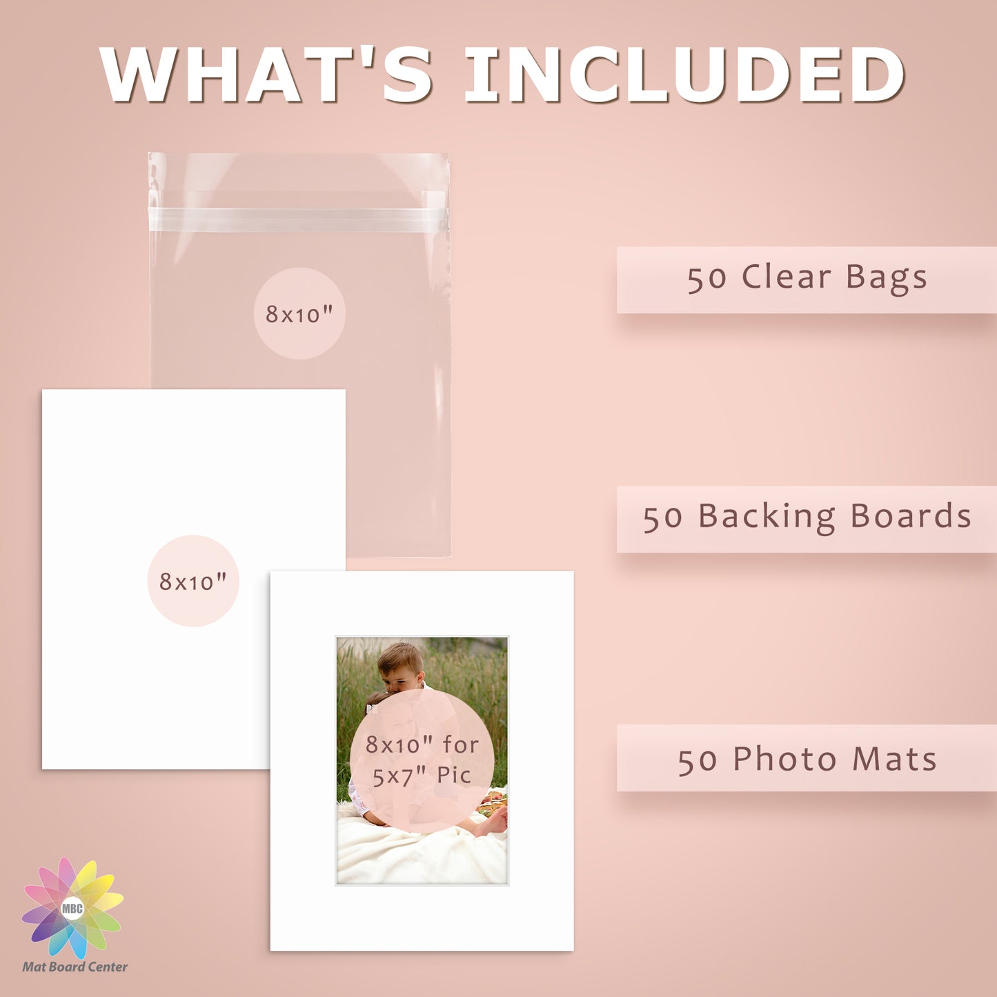 50 Pack 8x10 Whitecore Economy Pre-Cut Mat Board + Backing + Bag