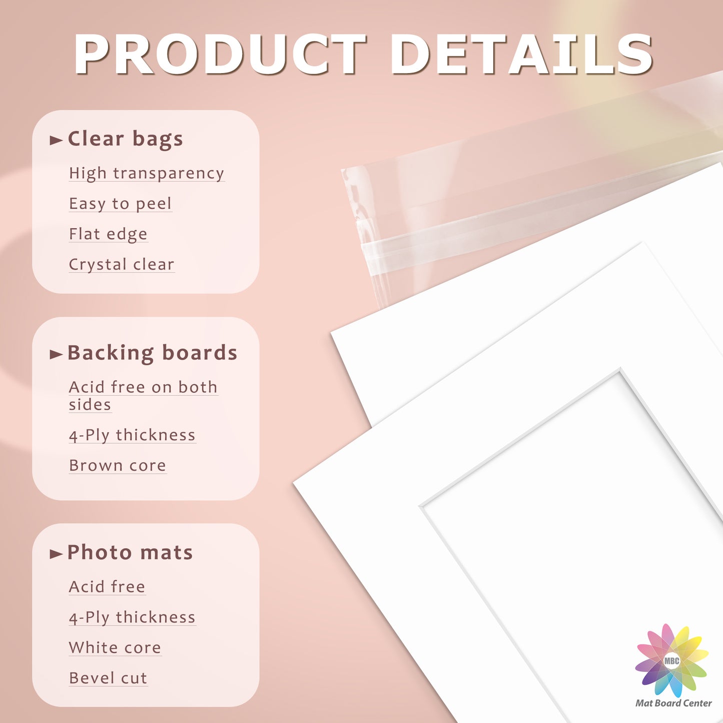 50 Pack 8x10 Whitecore Economy Pre-Cut Mat Board + Backing + Bag