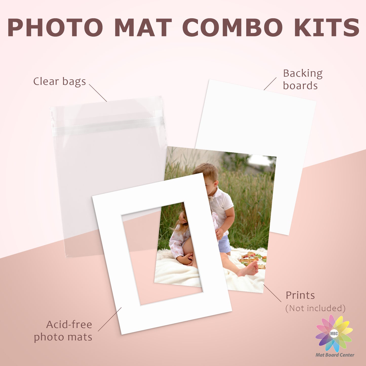 50 Pack 8x10 Whitecore Economy Pre-Cut Mat Board + Backing + Bag