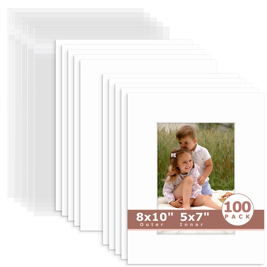 100 Pack 8x10 Whitecore Economy Pre-Cut Mat Board + Backing + Bag 5x7 (4.5x6.5 exact opening) N501 White