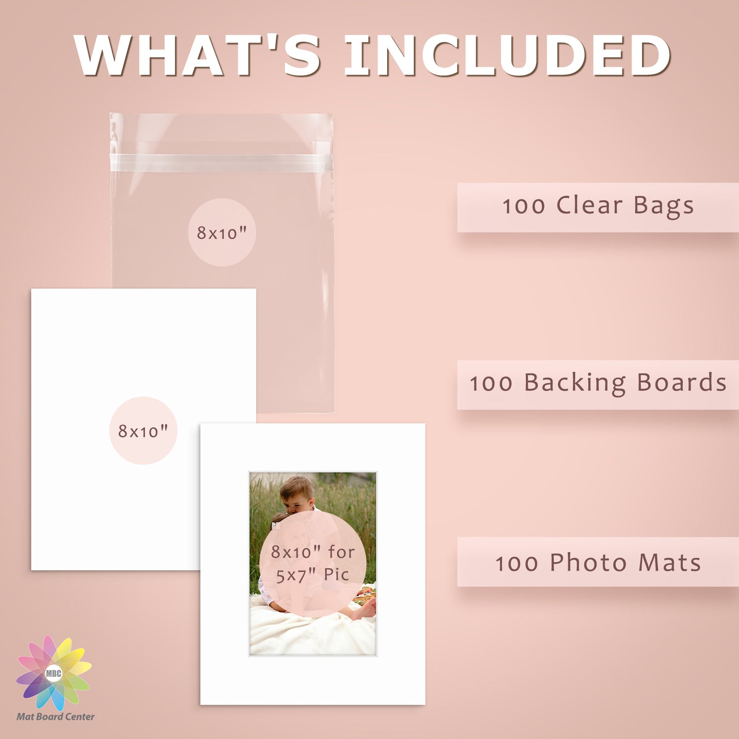100 Pack 8x10 Whitecore Economy Pre-Cut Mat Board + Backing + Bag