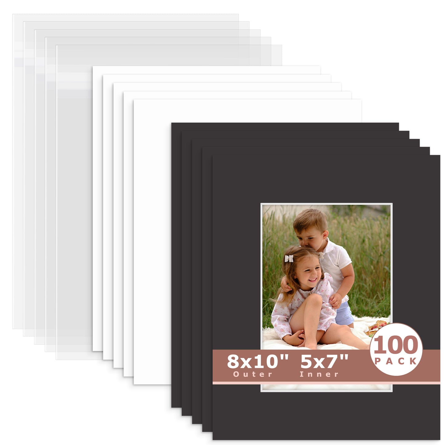 100 Pack 8x10 Whitecore Economy Pre-Cut Mat Board + Backing + Bag 5x7 (4.5x6.5 exact opening) N142 Tricom Black