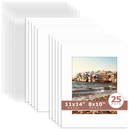 25 Pack 11x14 Whitecore Pre-Cut Mat Board + Backing + Bag 8x10 (7.5x9.5 exact opening) N501 White
