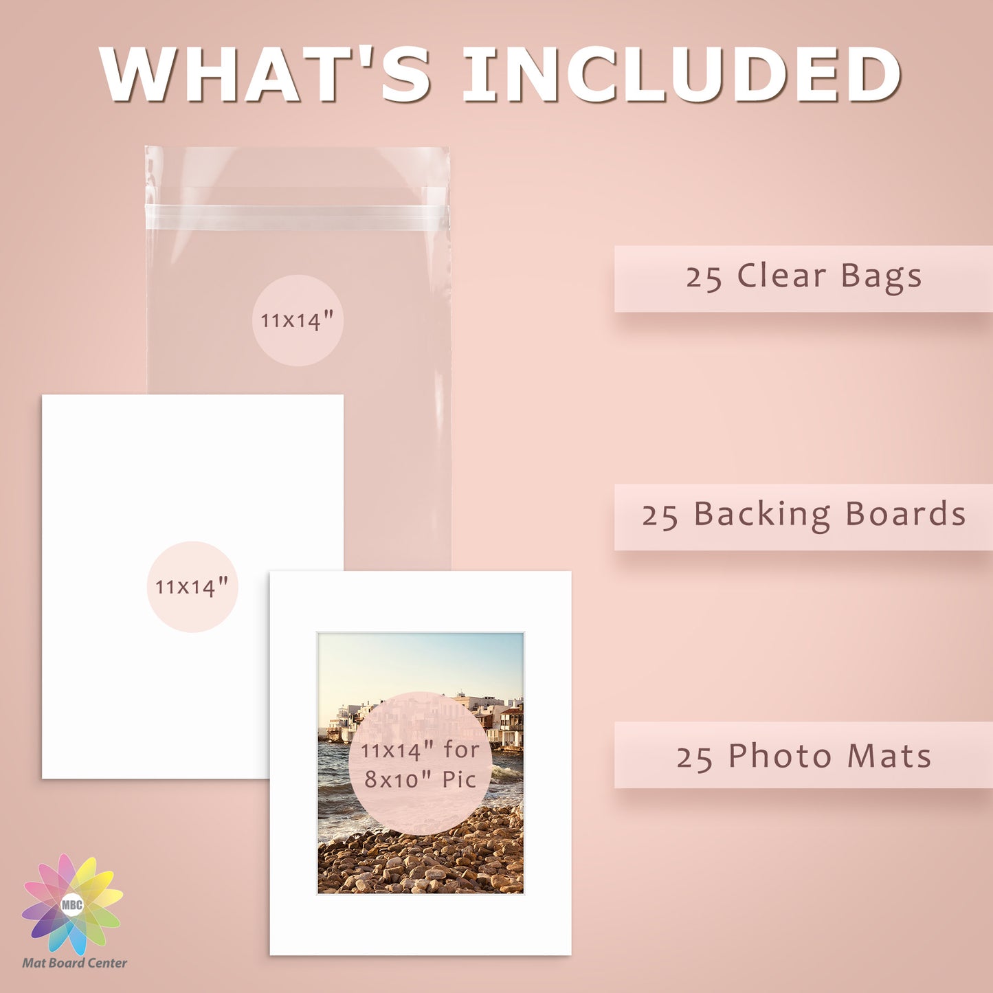 25 Pack 11x14 Whitecore Pre-Cut Mat Board + Backing + Bag