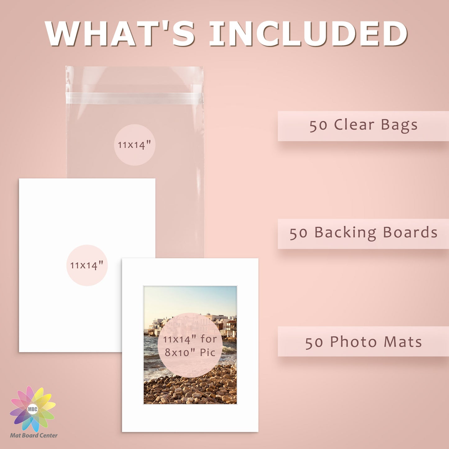 50 Pack 11x14 Whitecore Pre-Cut Mat Board + Backing + Bag
