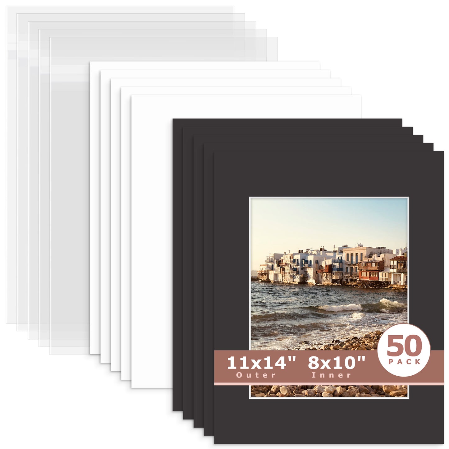 50 Pack 11x14 Whitecore Pre-Cut Mat Board + Backing + Bag 8x10 (7.5x9.5 exact opening) N142 Tricom Black