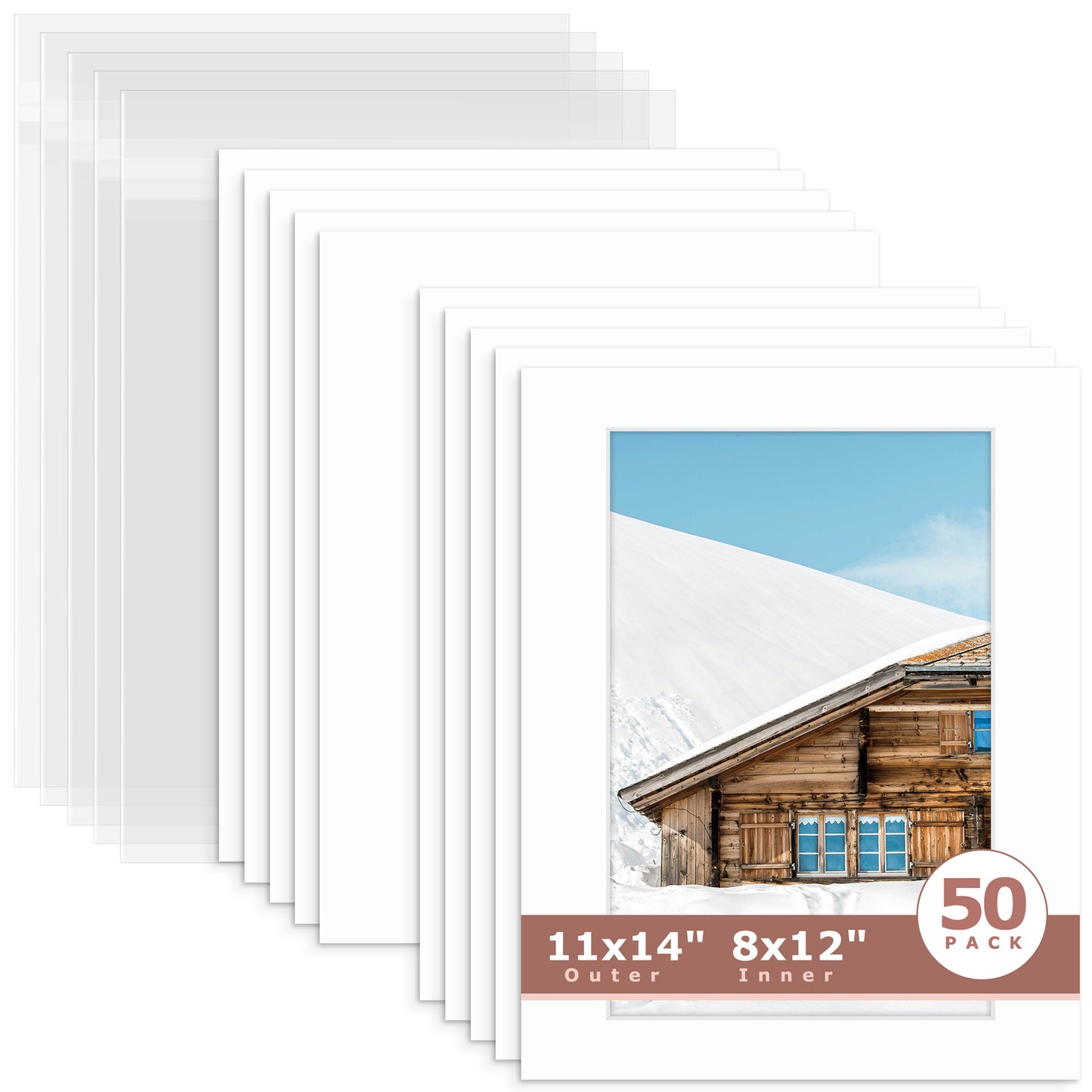 50 Pack 11x14 Whitecore Pre-Cut Mat Board + Backing + Bag 8x12 (7.5x11.5 exact opening) N501 White