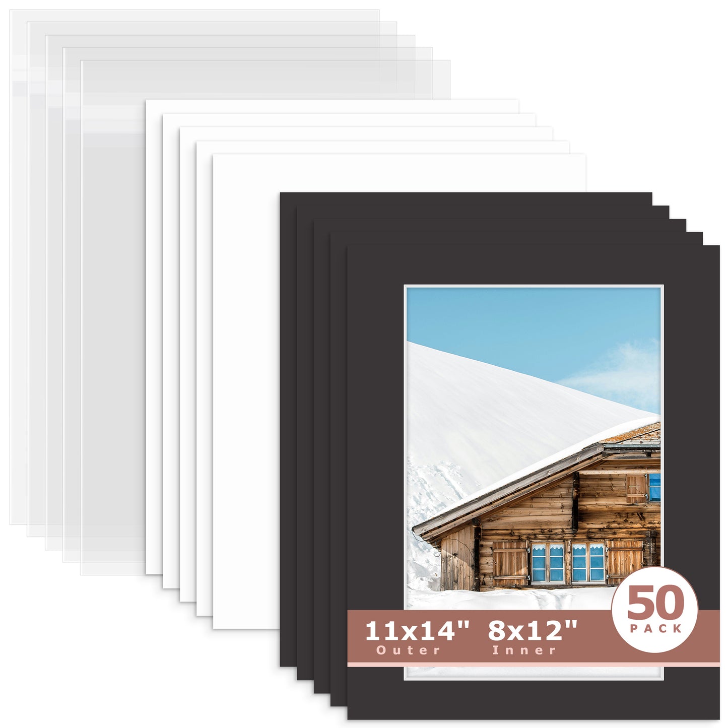 50 Pack 11x14 Whitecore Pre-Cut Mat Board + Backing + Bag 8x12 (7.5x11.5 exact opening) N142 Tricom Black