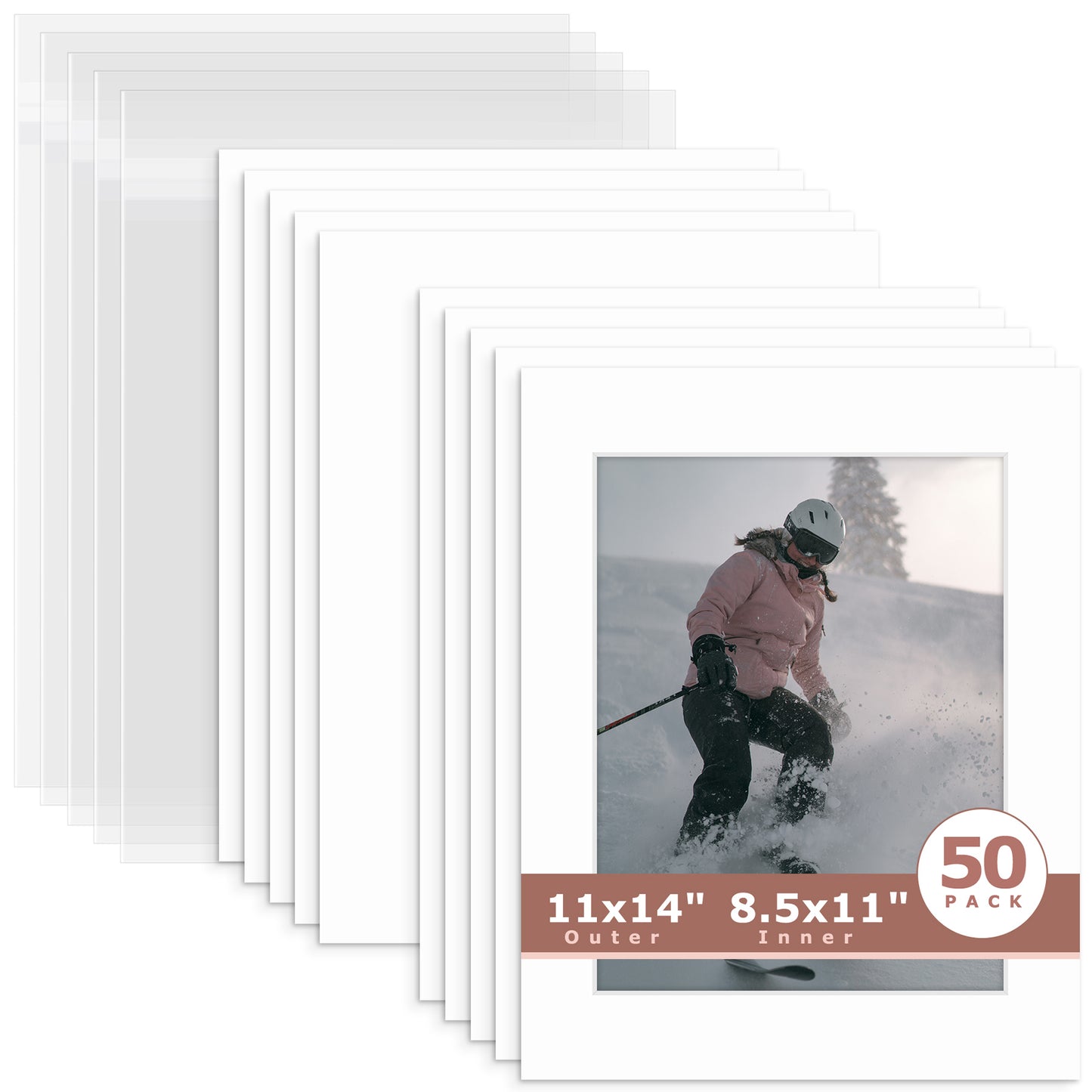 50 Pack 11x14 Whitecore Pre-Cut Mat Board + Backing + Bag 8.5x11 (8x10.5 exact opening) N501 White